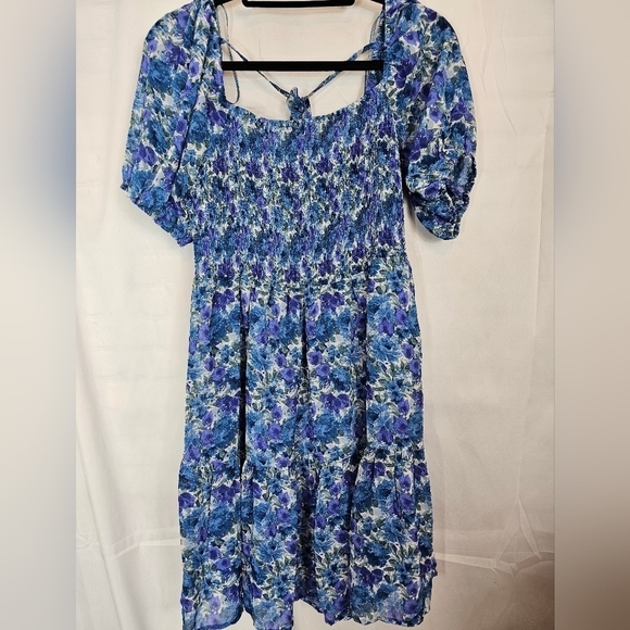 Lumiere Size Large Blue & Purple Floral Mini Dress with Statement Sleeves - Picture 4 of 8